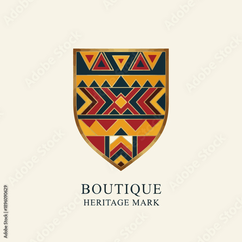 Colorful Shield Emblem with Geometric Patterns.