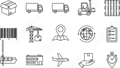 A set of black and white line icons representing various aspects of shipping and logistics