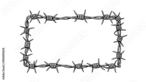Rectangular frame made of sharp barbed wire stands against a white background providing a metaphorical border for themes of security.