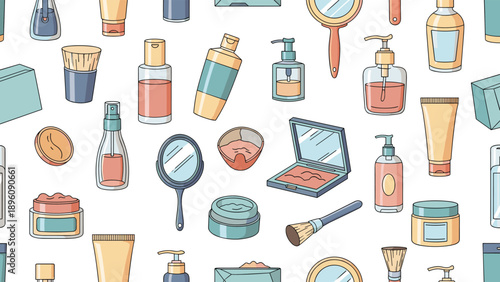 Seamless background pattern features various beauty and skincare products like lotions, mirrors, and brushes in a soft color palette.