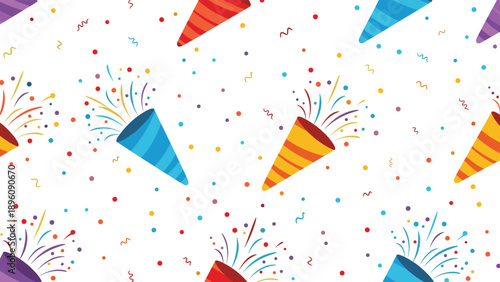 Festive seamless pattern displays colorful party poppers exploding with confetti and streamers creating a joyful mood for celebration.