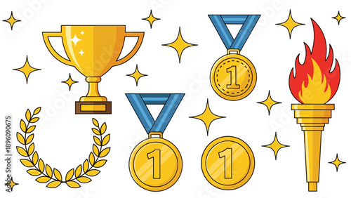 Comprehensive collection of sports awards includes a gold trophy cup, winning medals, a laurel wreath, and a flaming torch among stars.