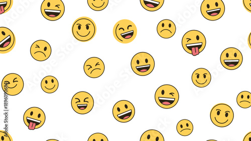 Cheerful seamless pattern consists of many yellow emoji faces with various happy and silly expressions on a clean white background.