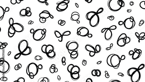 Abstract black and white pattern features a dense arrangement of hand drawn scribbles and loops creating a chaotic yet artistic texture.