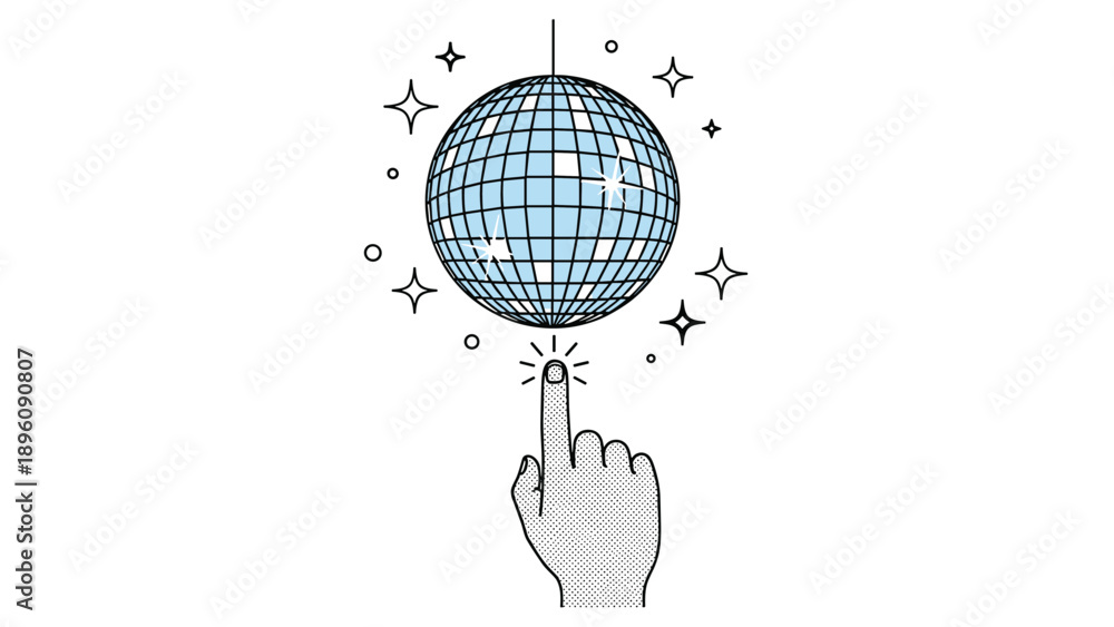 Obraz premium Hand reaches up to point at a sparkling blue disco ball surrounded by stars in a clean illustration suitable for a party or dance event.