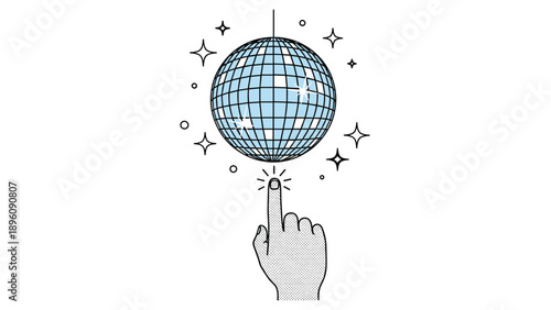 Hand reaches up to point at a sparkling blue disco ball surrounded by stars in a clean illustration suitable for a party or dance event.