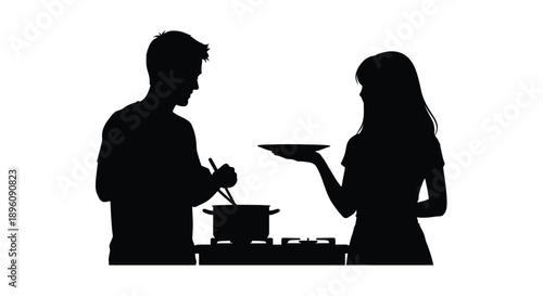 Silhouette of a couple cooking together in a kitchen setting