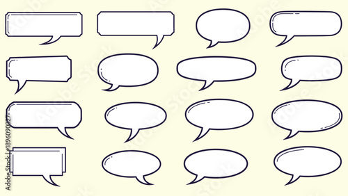 Comprehensive grid of simple speech bubbles in various rectangular and oval shapes with thin outlines on pale yellow background.