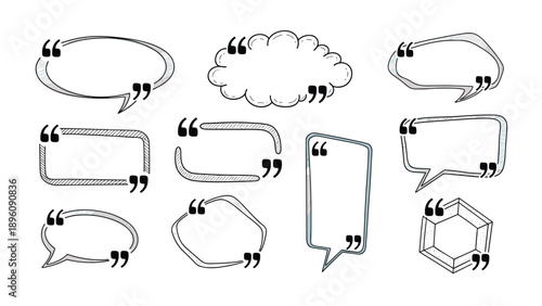 Artistic set of hand drawn quote boxes and speech bubbles with decorative borders and black quotation marks on white background.