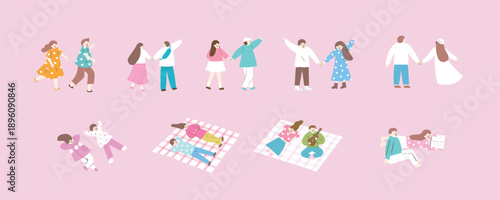 Spring Couple Date and Picnic Vector Illustration Set
