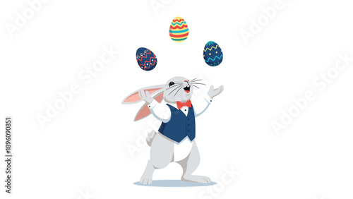 Joyful gray rabbit in blue suit and red bow tie juggling three colorful decorated easter eggs for festive entertainment.