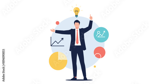 Successful businessman character with a bright lightbulb idea standing among various colorful financial charts and icons.