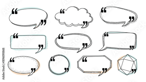 Diverse collection of hand drawn speech bubbles with black quotation marks and dotted texture for testimonial and dialogue designs.