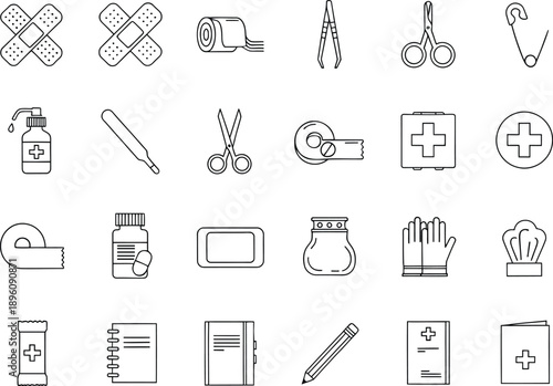 Set of line icons featuring essential first aid and medical supplies on white background