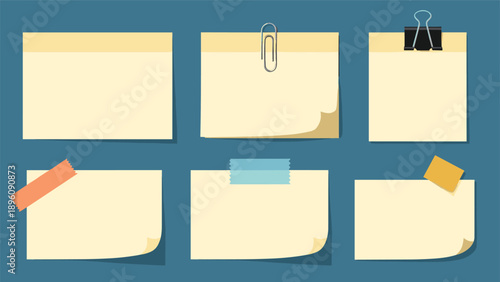 Set of yellow sticky notes and memo pads attached with paper clip binder clip and colorful tape on teal background.