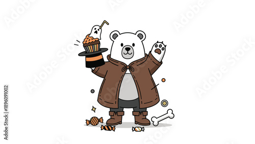 Cute polar bear dressed in a brown wizard coat for Halloween holding a witch hat filled with spooky treats and delicious cupcakes.