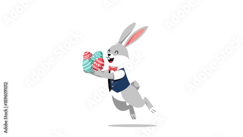 Happy grey rabbit leaping high into the air with joy while carrying a large bundle of colorful and patterned decorated Easter eggs.