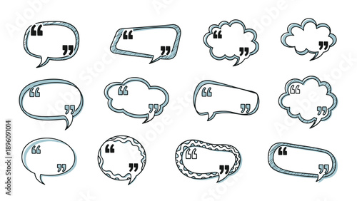 Artistic selection of hand drawn sketchy speech bubbles with quotation marks for creative and casual quote presentation and design.