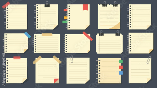 Large set of realistic paper notes with various fasteners like binder clips tape and pins on a professional dark grey background.