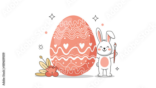 Cute white rabbit standing next to a giant decorated Easter egg while holding a red paintbrush for creative holiday fun and art.
