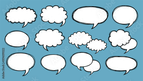 Collection of hand drawn sketchy cloud and oval speech bubbles with textured line outlines on a calming blue background color.