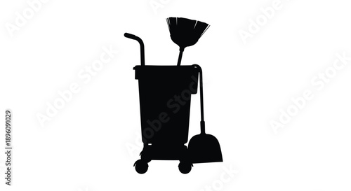 Black silhouette of a janitor s cart with cleaning tools displayed
