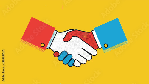 Colorful graphic shows a handshake between two people in red and blue business suits representing a successful deal or agreement.