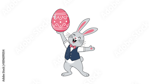 Happy cartoon rabbit in a waistcoat and bow tie holding up a large pink decorated easter egg to celebrate the spring holiday season.