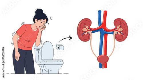 Medical illustration showing a woman in distress near a toilet and a diagram of human kidneys and bladder explaining urinary tract issues.