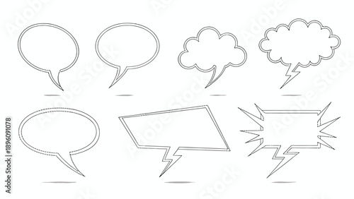 Simple set of outlined speech and thought bubbles with lightning bolt tails suggesting energetic or sudden ideas in a comic book style.