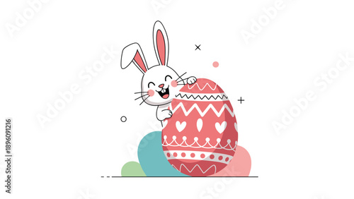 Friendly cartoon bunny peeking from behind a large red and white decorated easter egg with colorful pastel backgrounds and star motifs.