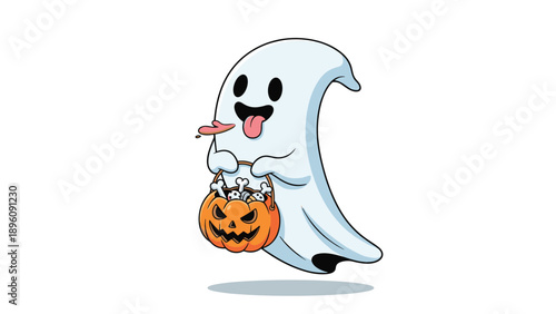 Friendly cartoon ghost flying and holding a jack o lantern pumpkin basket with treats for a fun halloween celebration on a white background.
