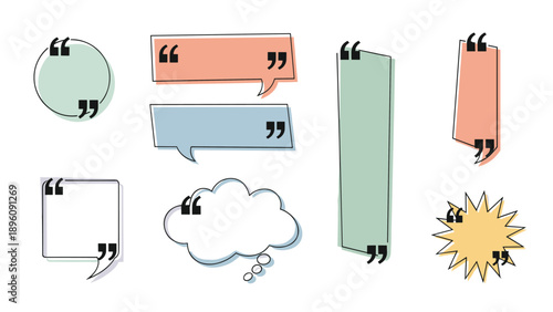 Colorful pastel speech bubbles with quotation marks in diverse shapes and sizes for creative quotes and testimonial designs in modern projects.