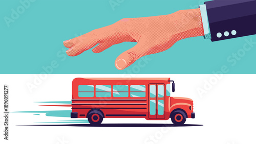 Conceptual illustration showing a giant hand reaching down to pick up a small red school bus on a split background.