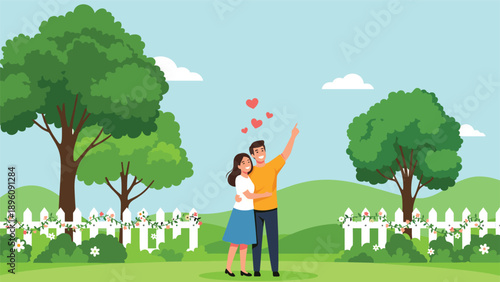 Romantic couple hugging in a beautiful park with green trees and white fences while pointing towards floating hearts in the blue sky.