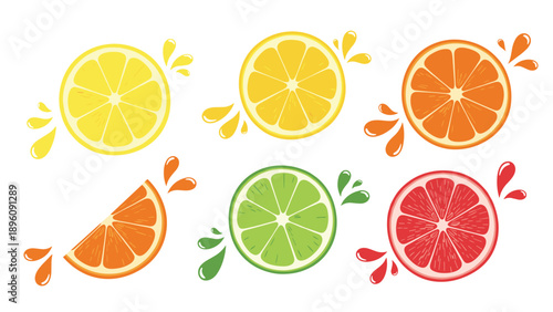 Selection of sliced citrus fruits including lemon lime orange and grapefruit with colorful juice splashes around.