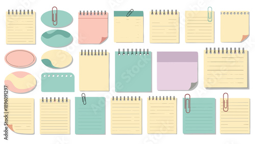 Large collection of colorful note papers memo pads and sticky notes in various shapes and colors for organization and creative planning.
