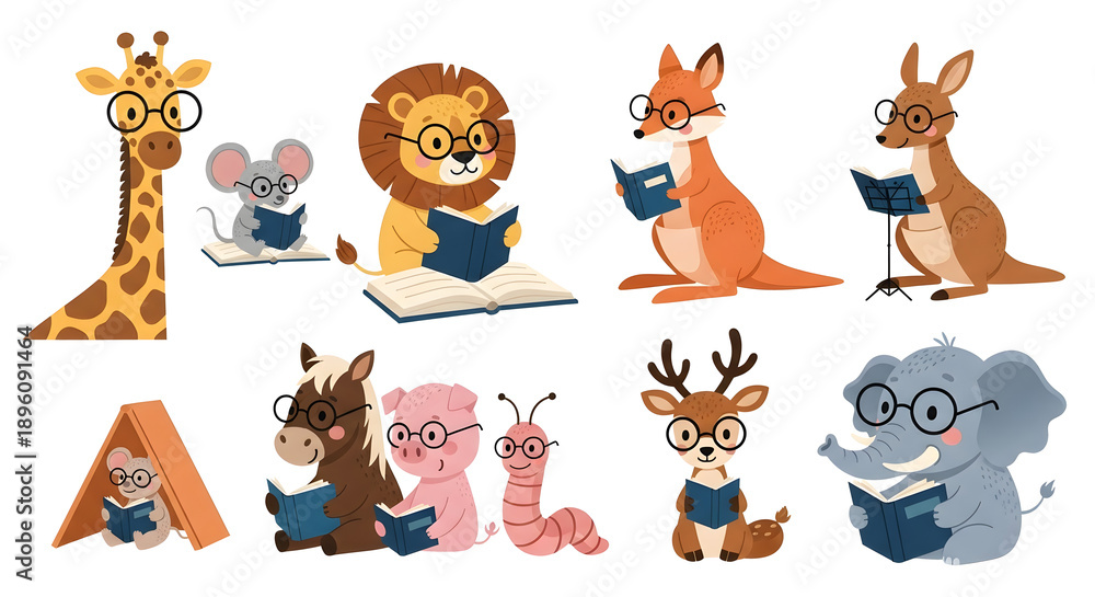 Obraz premium Cute Smart Animals Reading Books Illustration Set with Giraffe Lion Elephant Fox and Kangaroo Wearing Glasses