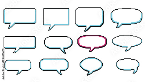 White pixel art speech bubbles with blue and pink shadow effects in many shapes for retro video games and digital messaging platform designs.