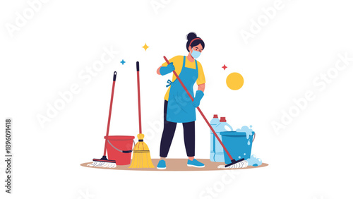 Professional female cleaner wearing protective mask and uniform using mop and broom for commercial janitorial services illustration.