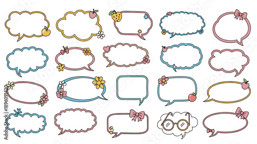Diverse set of hand drawn speech bubbles and thought clouds decorated with cute flowers fruits and bows for graphic design projects.