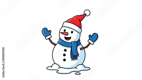 Happy cartoon snowman wearing red santa hat and blue scarf with matching mittens standing on snow with arms wide open.
