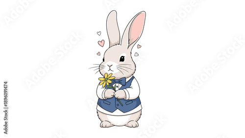 Adorable rabbit character wearing dapper blue suit and bow tie holding yellow daisy flower surrounded by floating pink hearts.