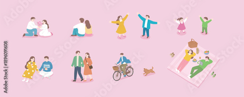 Spring couple and family picnic outdoor activity illustration set