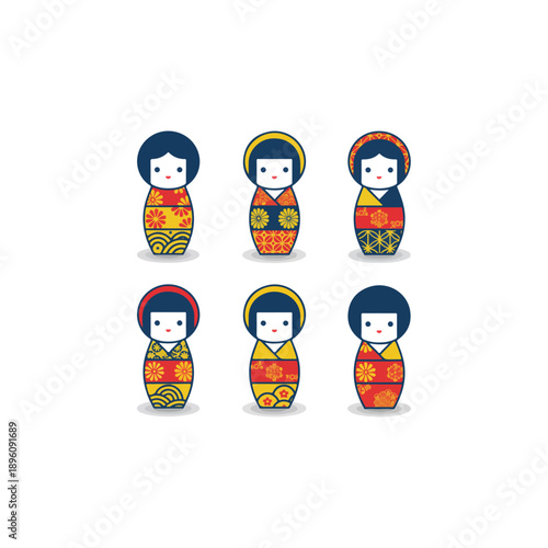 Set of Six Traditional Japanese Kokeshi Dolls.