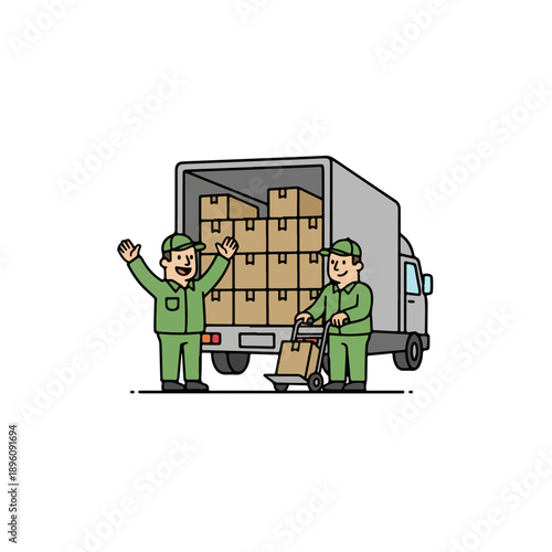 Two movers loading boxes into a truck for delivery service.