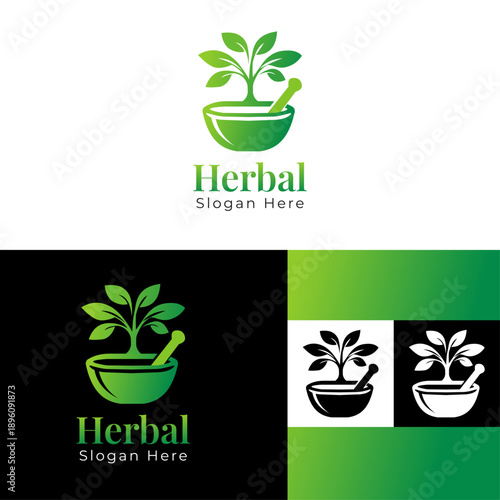 Herbal Mortar Logo | Natural Medicine Icon | Organic Wellness Symbol