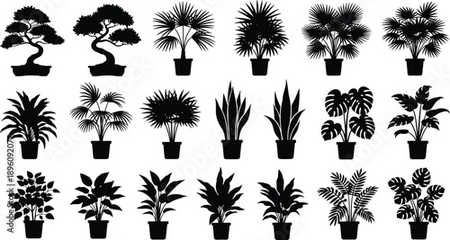 Black silhouette houseplant icon set featuring various potted indoor plants and tropical foliage isolated on white background for interior design, decoration, branding and graphic projects