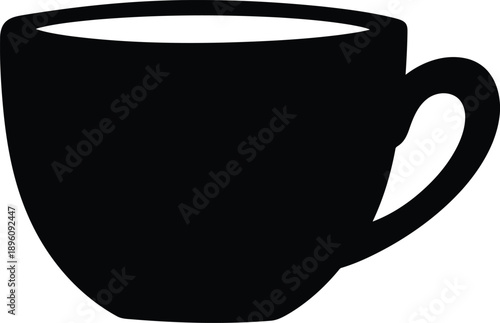 Black silhouette of a coffee cup with a handle and liquid inside, isolated on a transparent background