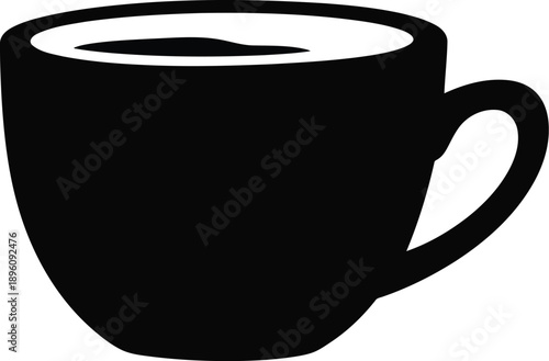 Black silhouette of a coffee cup with liquid inside and a handle, isolated on a transparent background